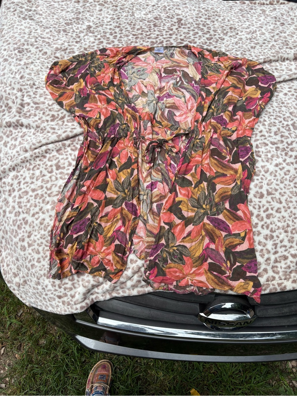 Women’s Floral Leaf Print Open Front Kimono Cover Up Size Small-Medium